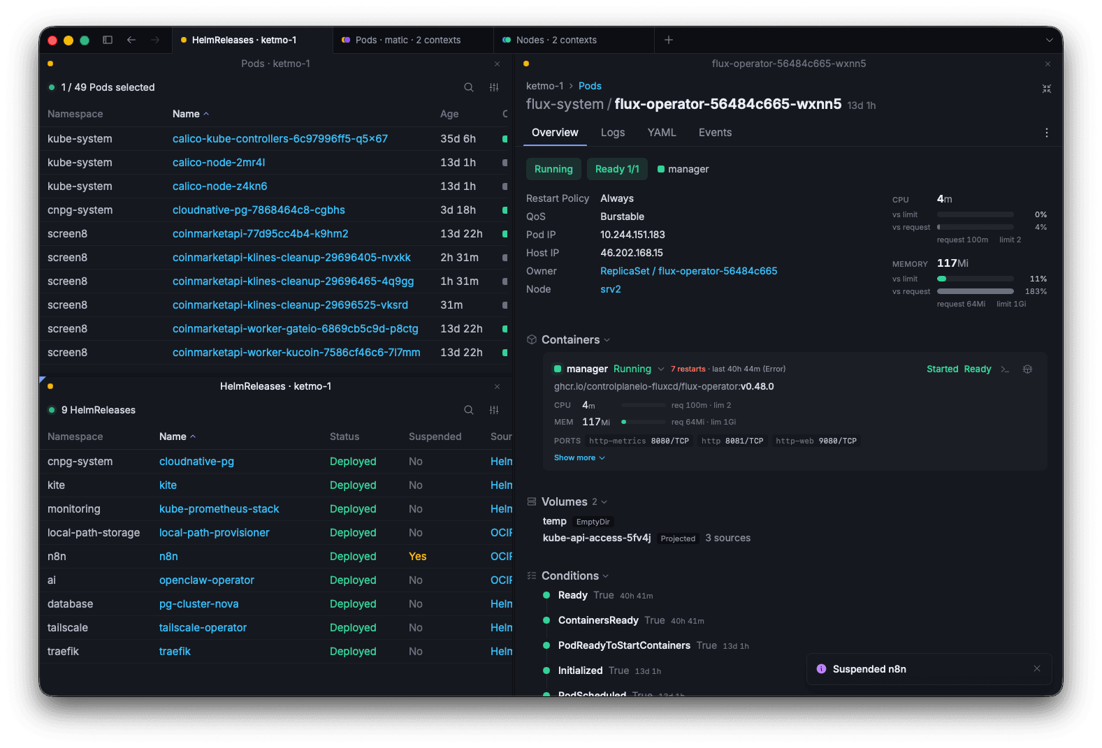 Zapkube showing aggregated pods and Helm releases across clusters